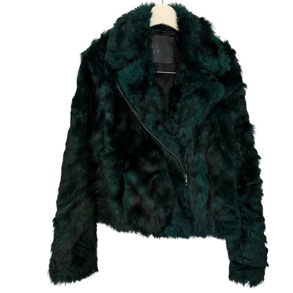 Belle Vere Size Small Faux Fur Emerald Green & Black Moto Style Jacket EUC - Picture 1 of 9